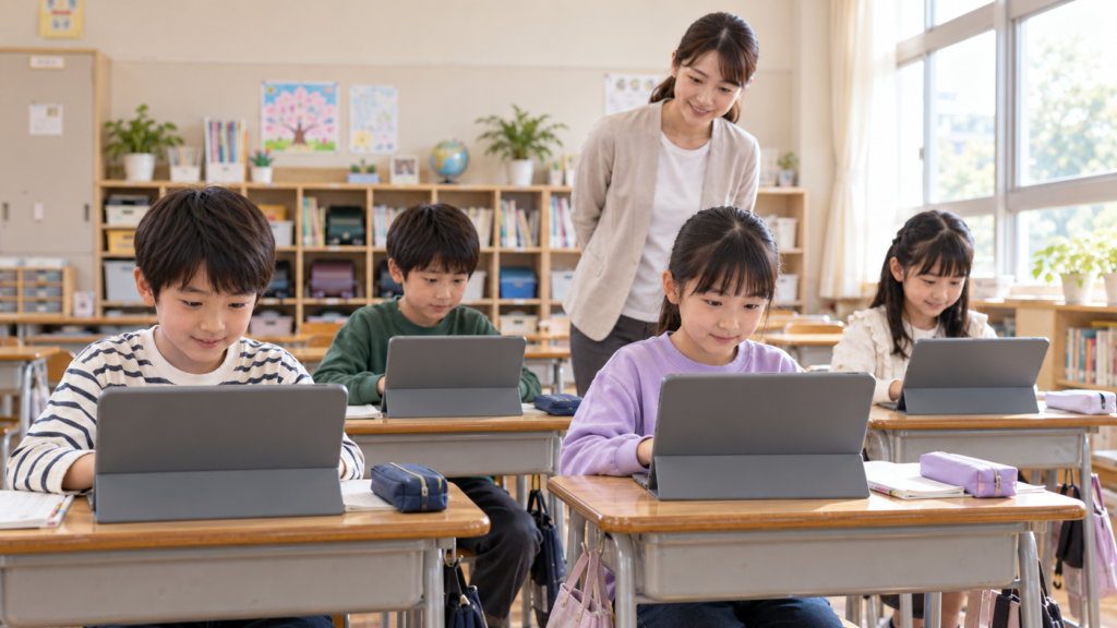 デキタスを使って生徒が学習する様子を先生が見守るイメージ